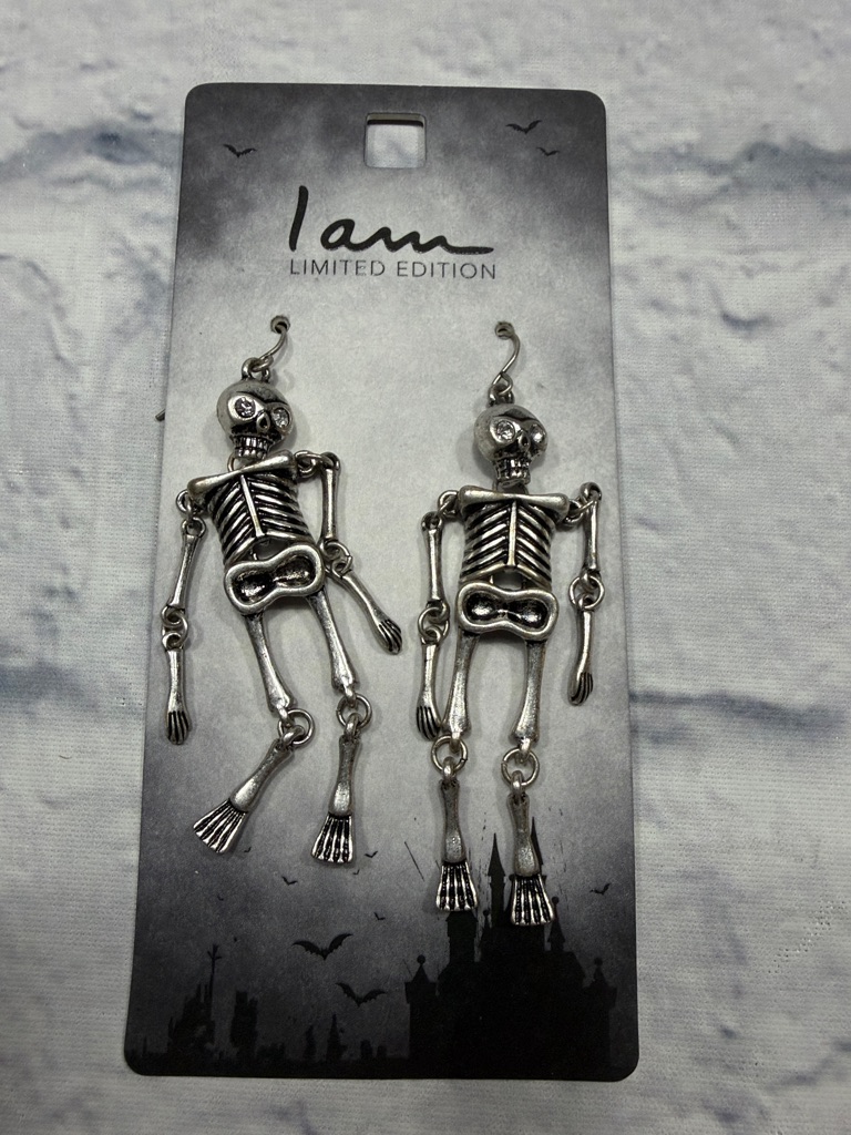 Limited Edition Articulated Silver Skeleton Dangle Earring Crystal Eye Halloween